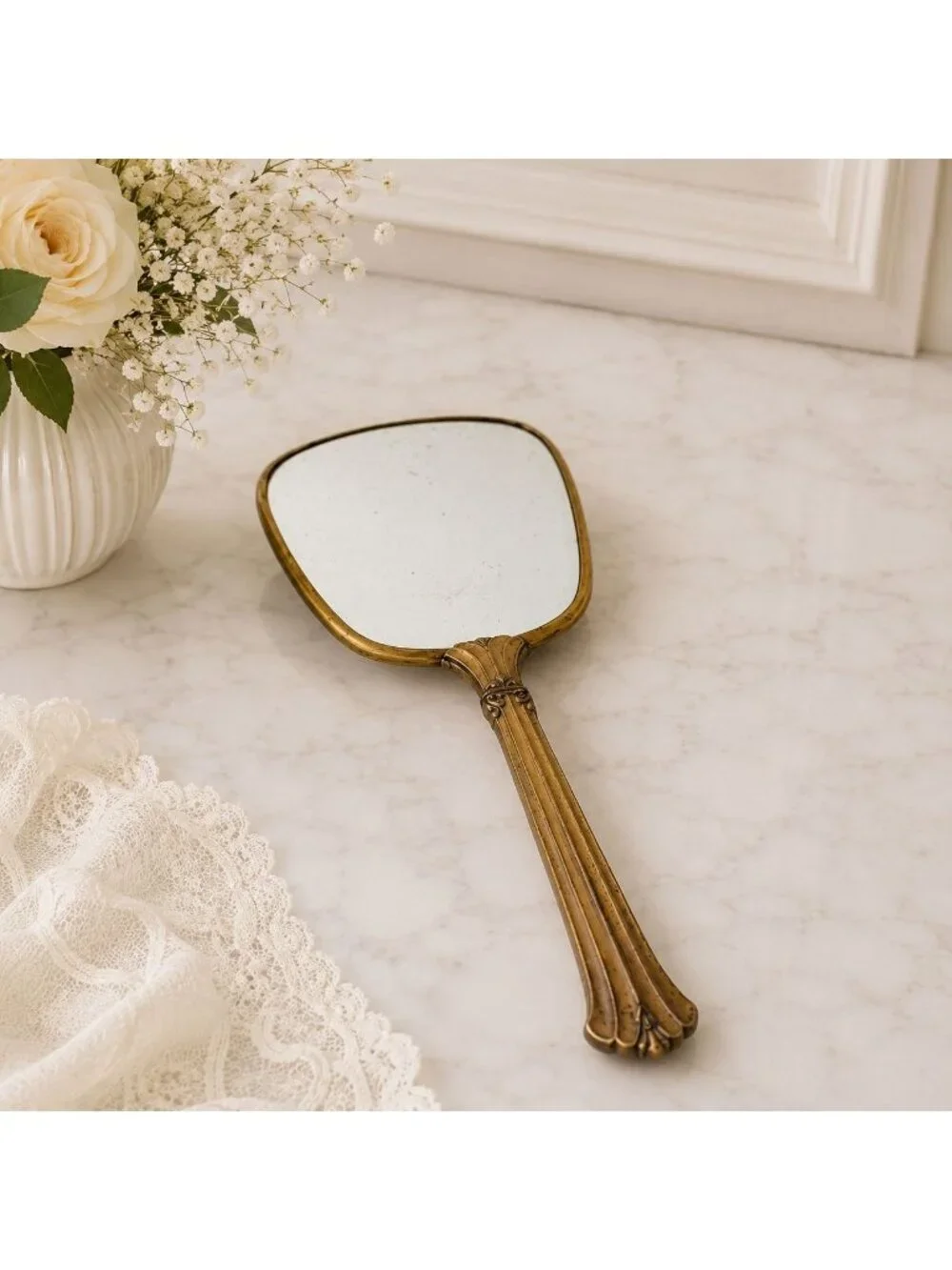 Vanity Hand Mirror Boudoir Decor Blue Floral VTG Brass Tone Hollywood Regency